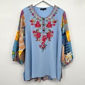 Calessa Tunic Top Shirt Size 1X Embroidered‎ Statement Patchwork Festival Boho